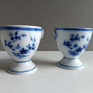 Antique creamware 2 white porcelain pedestal bowl blue decor Tournai 1800s / earthenware irosntone / cafe lait vintage breakfast shabby chic