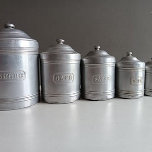French antique 5 aluminium spices jars pots canisters containers with spices name / vintage Storage tins kitchen