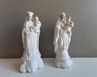 French antique 2 virgin Mary Madonna with Jesus child Paris biscuit porcelain 1800s / religious decoration statue
