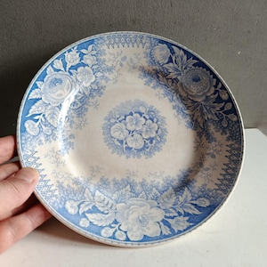 Peut inclure: Une assiette ronde de style ancien avec un motif floral dans les tons de bleu et de blanc. L'assiette présente une bordure détaillée et un motif floral central. L'assiette est tenue par une main.