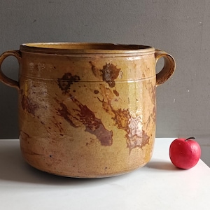 Ancien grand Pot à graisse ou confit 3,5kgs en céramique grès vernissé jaune / primitif jar conserve déco cuisine vintage rustique shabby