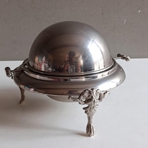 French antique metal tripod caviar ball display stand with glass container / Vintage shabby chic table