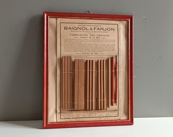 French antique cardboard display presenting different phases of manufacturing of Baignol & Farjon wooden pencils /old-fashioned retail decor