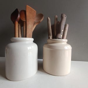 French antique set of 2 mustard sandstone ceramic jar pot / pottery crock vintage / Cutlery utensils shabby chic kitchen