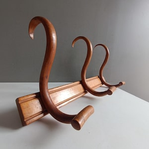Antique French bentwood coat hat rack stand / vintage wood 3 hook hanger / Thonet / shabby chic decor