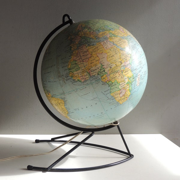 French earth world map light terrestrial glass globe vintage 1960s Girard Barrère Paris / original metal foot