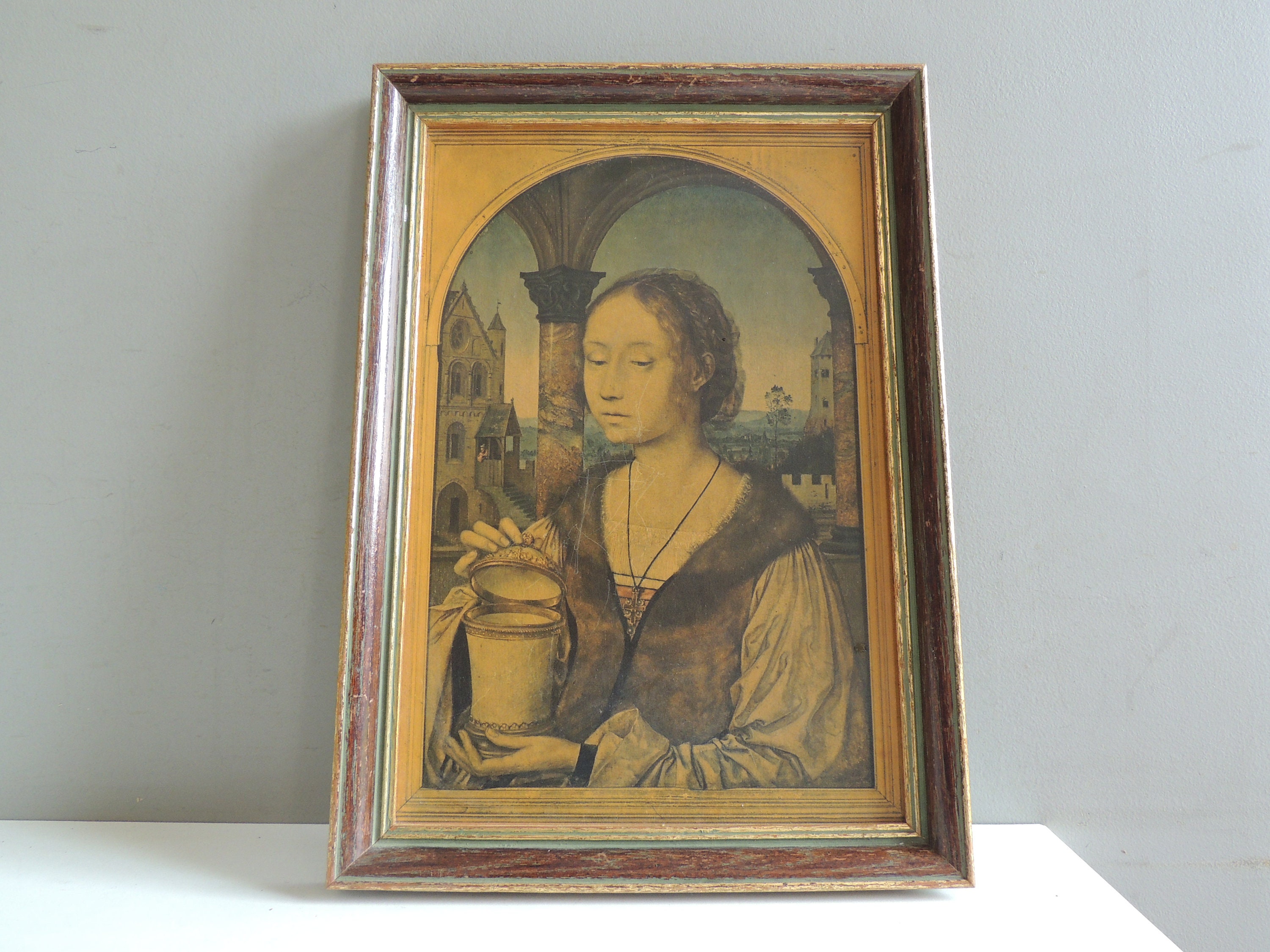 Grand Cadre Tableau Italien Image sur Panneau de Bois Femme Au Pot/Icone Chapelle Dévotion Décoratio