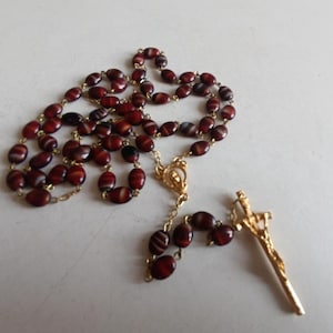 Antique French large rosary glass beads with gilt cross & Virgin Mary medal / necklace pendant vintage religious / Christ passion