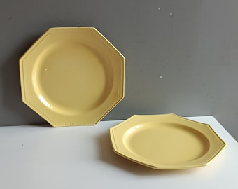 Antique French 2 rare yellow ironstone dinner plate Pearl border Montereau 1800s  / creamware Creil earthenware  / Shabby chic table