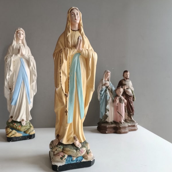 Grande et superbe statue Sainte Vierge Marie en prière plâtre polychrome signé Dupont / antique figurine sculpture religieuse Lourdes