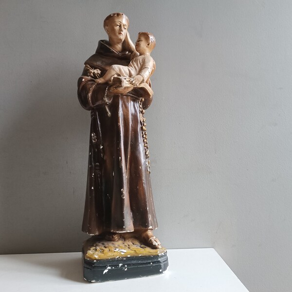 Superbe grande statue Saint Antoine de Padoue à l'enfant Jésus plâtre polychrome / antique figurine sculpture religieuse Vierge Marie Joseph