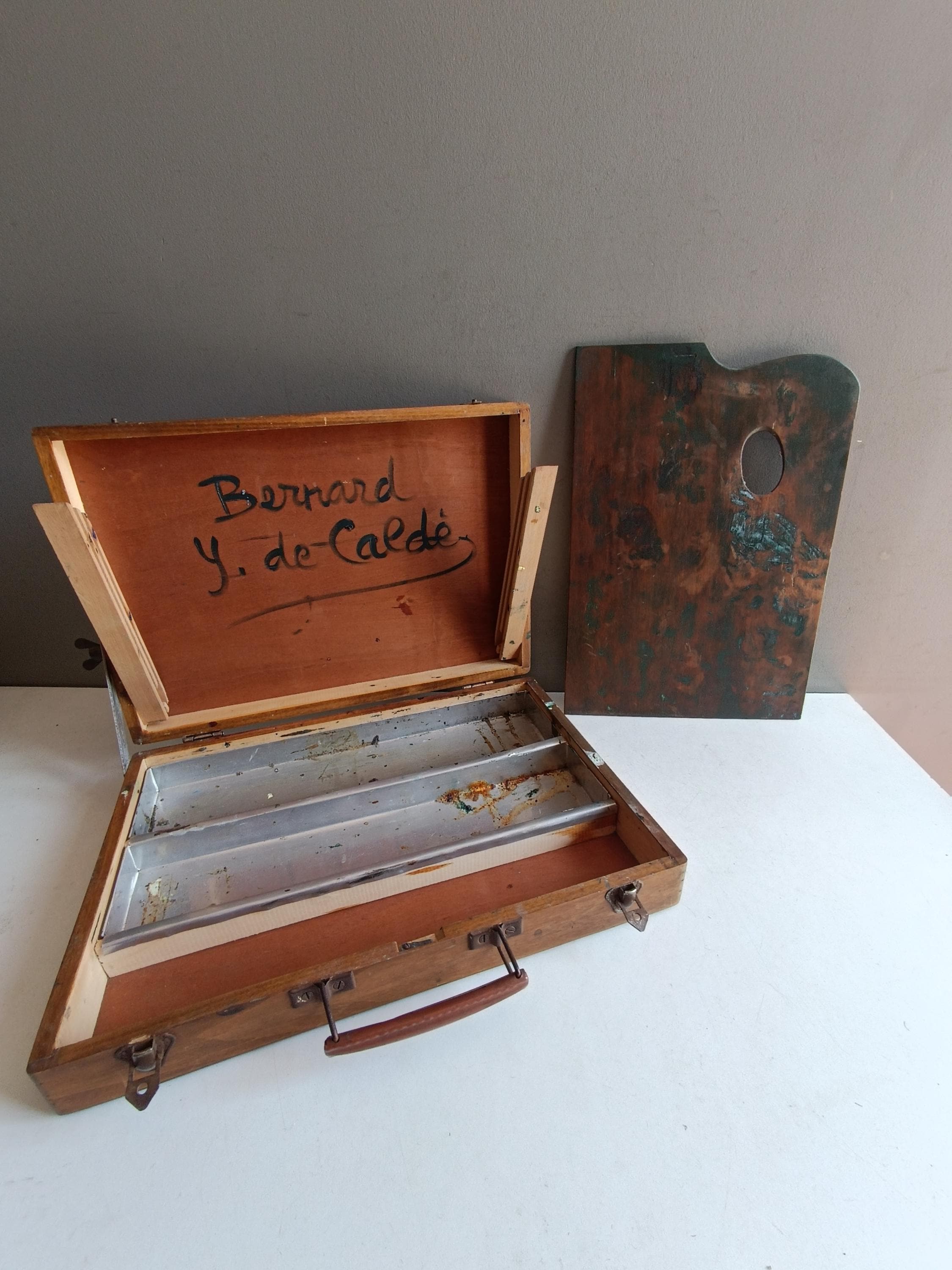 French vintage original painter case easel system briefcase with its wood palette / palet suitcase box vintage painting