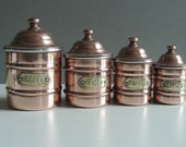 French vintage set of 4 tinned solid copper spices jars pots canisters containers brass plates vintage kitchen Storage tins
