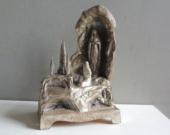 Antique French gilt metal statuette statue Holy Virgin Mary Notre Dame de Lourdes with music box / cave vintage sculpture our lady