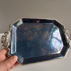 French antique earthenware tray rimmed with brass Louis XVI node knot handle / Victorian