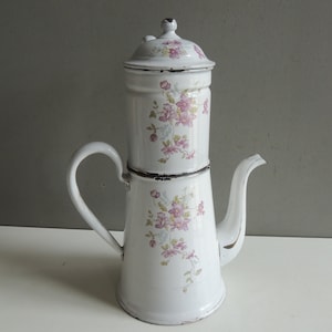 French antique large coffee pot enamel flower purple violet / enamelware decor vintage kitchen shabby chic