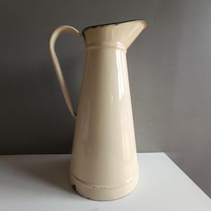 Antique French large enamel water pitcher jug water yellow color email /enamelled toleware broc pot vintage garden or kitchen
