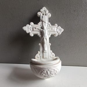 French antique wall ironstone holy water font stoup Sarreguemines 1800s / crucifix religious  Jesus Mary decor