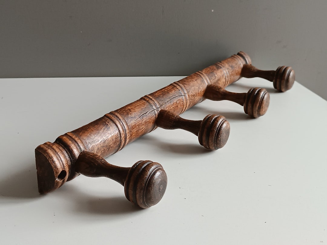 French Antique Coat Hanger Hat Rack Vintage With 4 Hooks Patina Wood ...