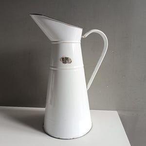 French antique large enamel water pitcher jug white color blue border email shabby chic /toleware metal broc pot vintage garden kitchen