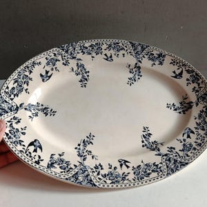 French antique ironstone large oval dish 1800s floral & bird swallow decor Choisy le Roi Louis XVI 1800s/ Creil Montereau shabby chic/ plate