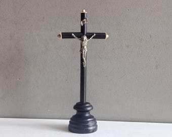 Antique French crucifix christ on black wood cross / Napoleon III french work 1800s