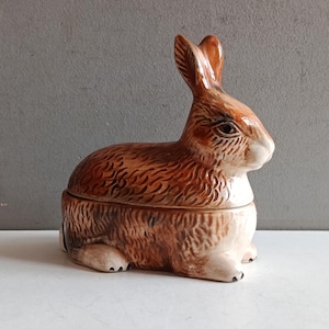 Terrine little brown rabbit bunny ceramic by Michel Caugant/earthenware tureen pate serving dish vintage/country cottage kitchen shabby chic