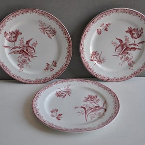 French antique ironstone Sarreguemines Fontanges 3 plates / transferware pink decor shabby chic table earthenware 1800s