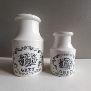 French antique set of 2 mustard pot Grey Poupon Dijon ironstone Creil & Montereau 1800s jar crocks / earthenware kitchen decor