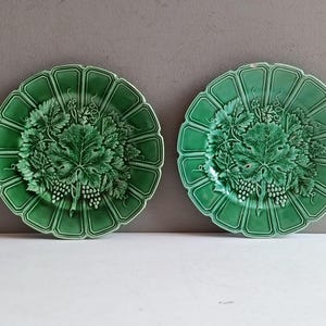 French antique 2 barbotine majolica plate with vine leaf grapes Sarreguemines France / ironstone