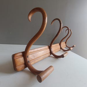 Antique French bent wood coat hat rack stand Thonet stamped / vintage bentwood 4 hook hanger / shabby chic decor