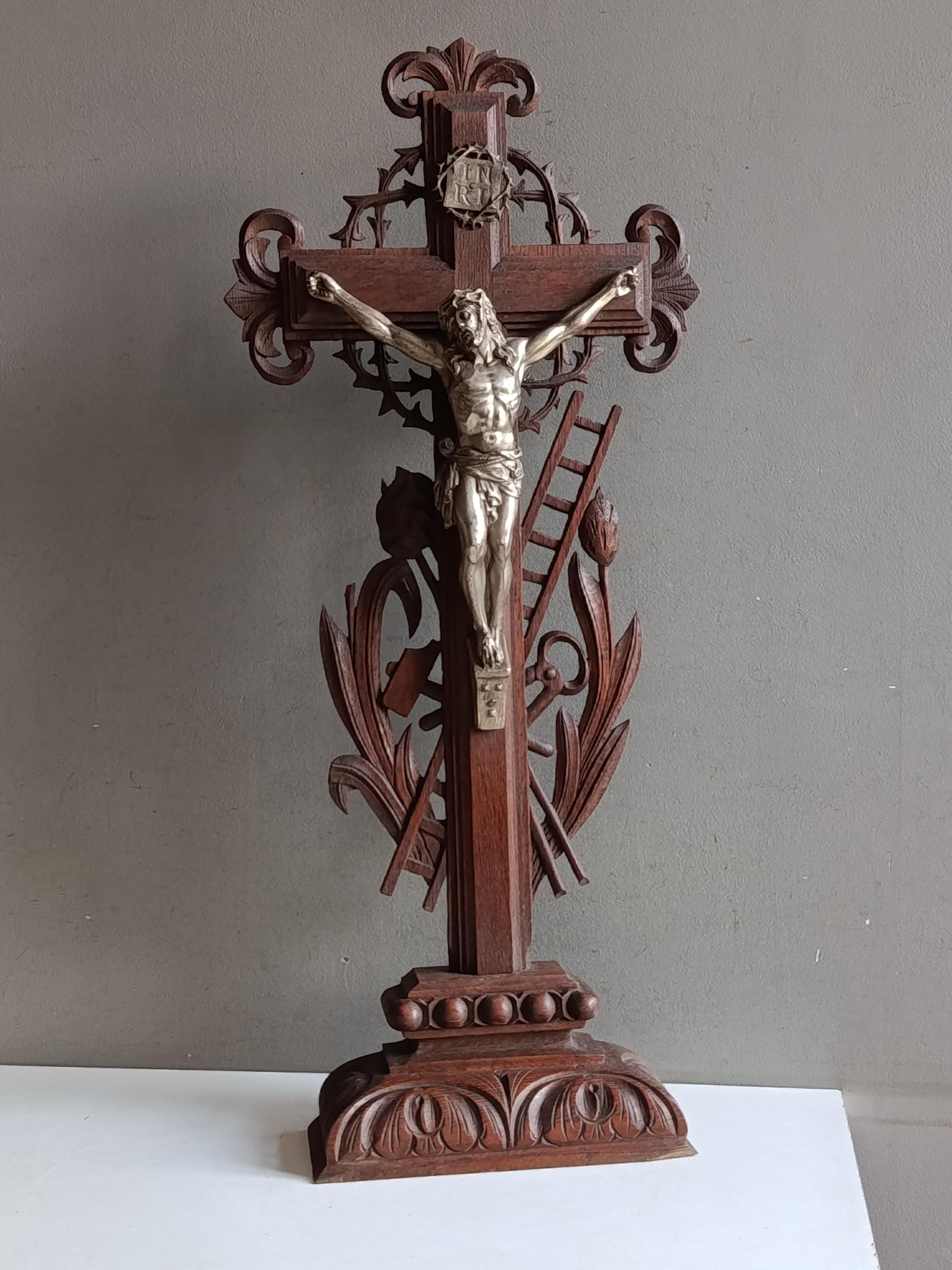 Antique French Large XL Altar Wood Carved Crucifix Cross / Passion Holy ...
