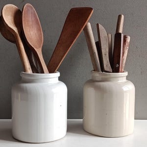 French antique set of 2 mustard sandstone jar pot / pottery crock vintage / Cutlery utensils shabby chic kitchen