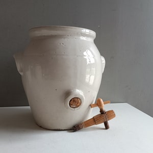 French antique large vinegar pot grey glazed sandstone with ears Digoin / oil water dispenser jug/ farmhouse vintage / clay preserve jar