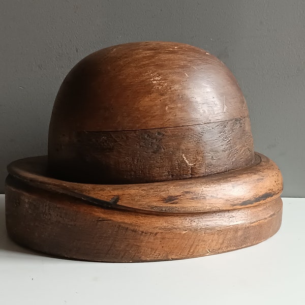 Antique French wood millinery modiste hat form mold block bowler shape / hat rack stand 1900 vintage