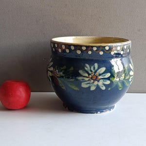 May include: A dark blue ceramic bowl with a rounded body and a wide opening. The exterior features hand-painted white floral motifs and a decorative border of white dots and wavy lines along the rim. A small, solid red spherical object sits nearby.