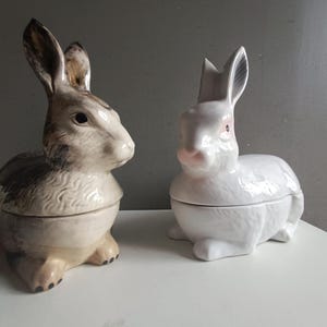 Terrine grey or white rabbit bunny hare ceramic by Michel Caugant / earthenware tureen pate serving dish vintage/ country cottage kitchen