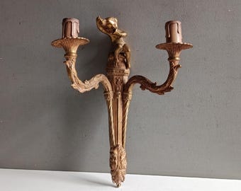 French antique gilt bronze cherub bracket lamp Bacchus as a child with grapes bunch with 2 lights / vintage country shabby home wall decor