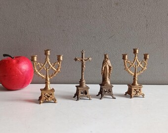 Antique French religious Miniature altar candle holder candelabra Virgin Mary Crucifix gilt metal / religious toy church service Mass decor
