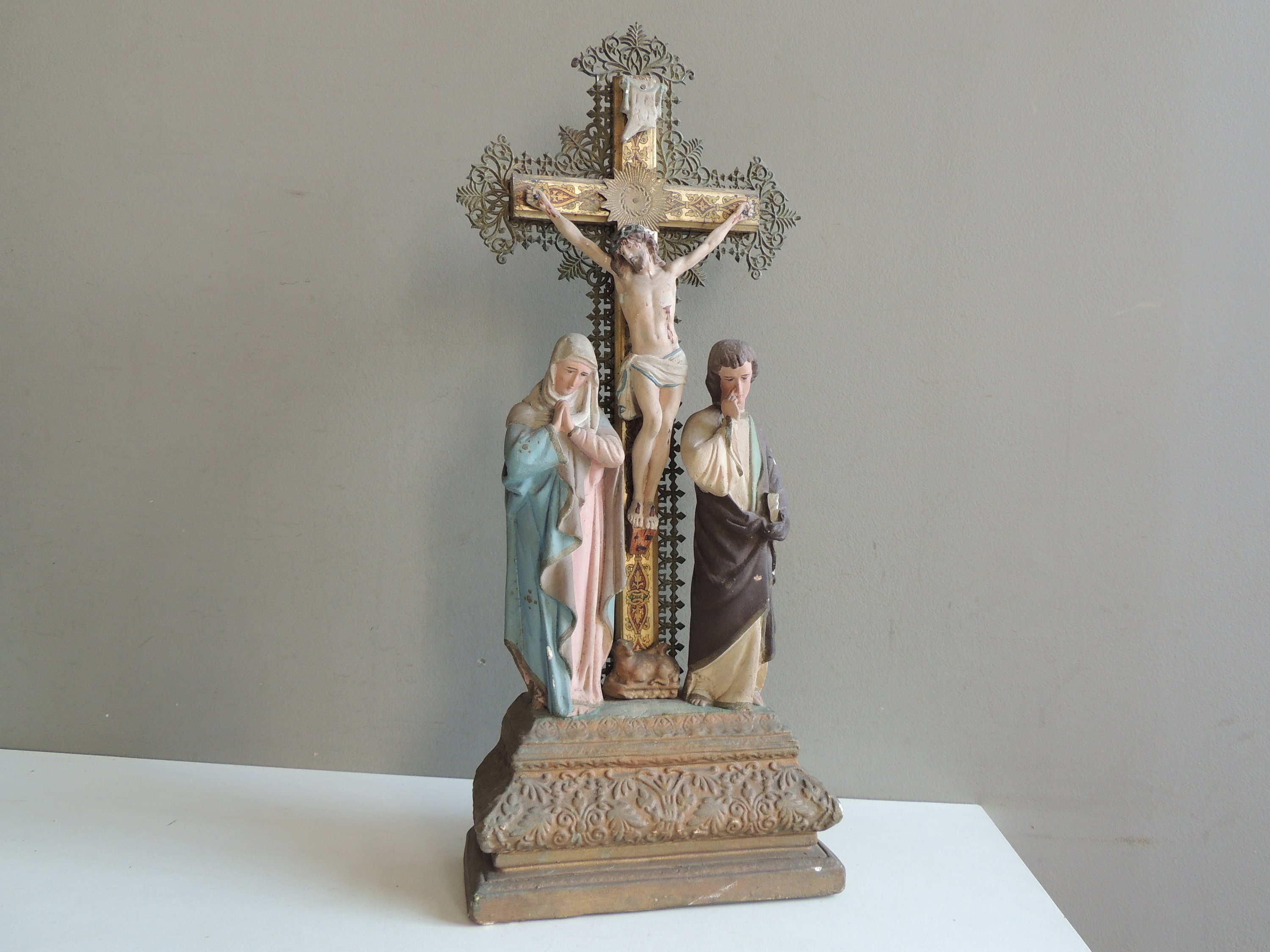 Superbe & Ancien Grand Crucifix Christ Trinité Calvaire en Plâtre sur Croix Bois/Travail Francais Xi