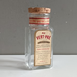 French antique cornichon pickle glass jar pot Vert-Pré Paris 1800s / mustard glassware pottery crock vintage / shabby chic kitchen