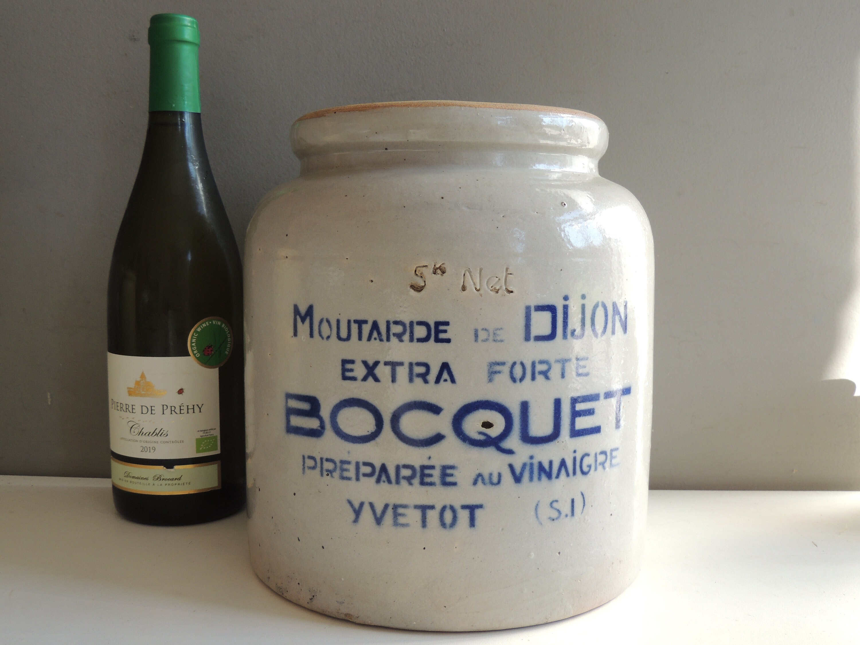 Ancien Gros Pot à Moutarde Blanche Bocquet Yvetot 5Kgs Moutardier Vintage en Céramique Grès Vernissé