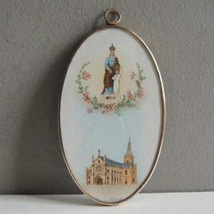 Cornice medaglione reliquiario ex voto sotto vetro ricordo santuario di Sant'Anna / Vergine col Bambino cromo devozione religiosa XIX 1900
