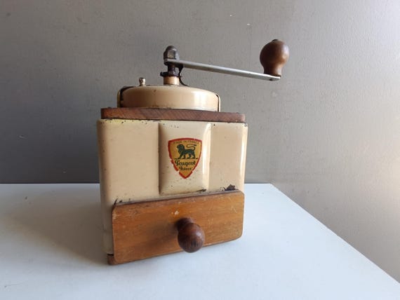 Vintage French coffee grinder PEUGEOT lacquered steel cream color  engraved crank all original