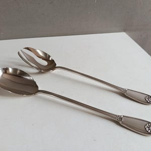 French antique sterling silver large salad servers Spoon and Forck / Victorian serving set cutlery silverware