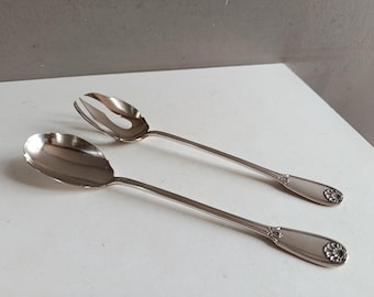 French antique sterling silver large salad servers Spoon and Forck / Victorian serving set cutlery silverware