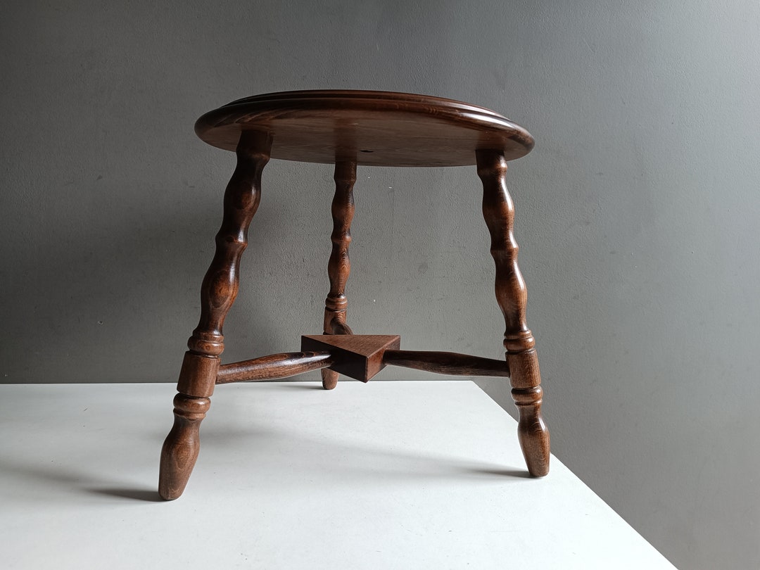 French Vintage Turned Wood Side Table Stool Mid Century / Brutalist ...