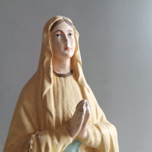 French antique large statue Holy Virgin Mary in prayer polychrome chalkware gypsum stamped / figurine religious sculpture Lourdes Madonna