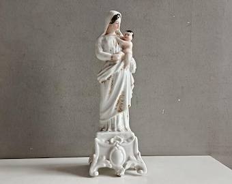 French antique virgin Mary Madonna with Jesus child Paris porcelain 1800s / religious decoration statue