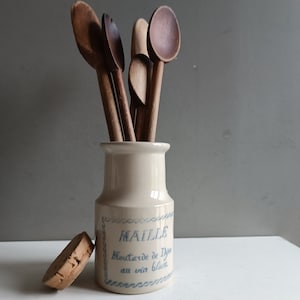 French antique mustard sandstone jar pot Maille / stoneware pottery crock vintage / Cutlery utensils shabby chic kitchen